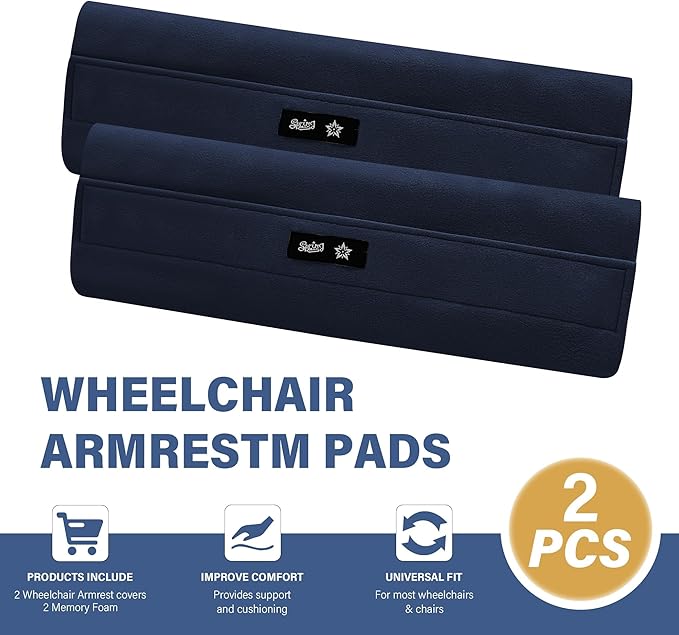 SPRING SEAON Wheelchair Armrest Covers (Pair) - Suede Velvet Memory Foam Accessories Pads for Wheelchair Arm Rest, Office Transport Chairs, Soft Support Cushion for Mobility Aids(Navy Blue)