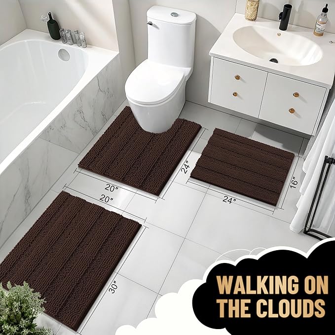 OLANLY Thick Toilet Rugs U-Shaped 24x20, Extra Soft Absorbent Chenille Striped Contour Bathroom Rugs for Toilet, Dry Quickly, Machine Washable, Non-Slip Bath Mat, Brown