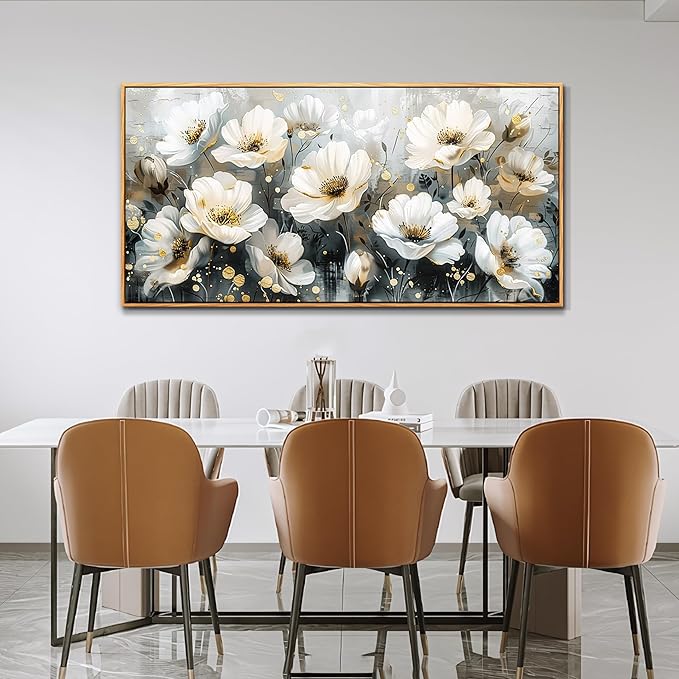 PHAOHUAXM Wall Decor For Living Room Canvas Wall Art For Bedroom Office Print Artwork White Ink-Wash Flower-Shaped Wooden Frame Murals Artwork For Modern Posters Restaurant Home Decoration 20"X40"