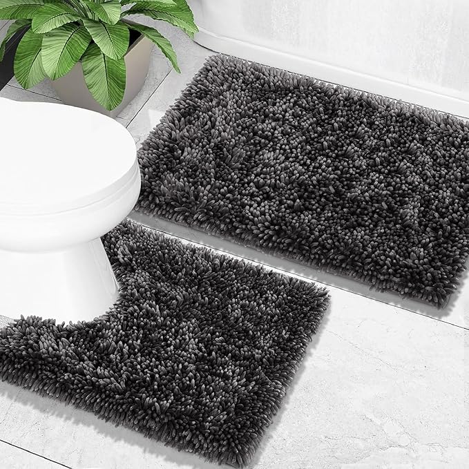 Yimobra Bathroom Rugs Sets 2 Piece, Soft Absorbent Bath Mat and U-Shaped Toilet Rug with Non Slip Backing, Luxury Shaggy Bath Mats for Bathroom, Machine Washable, 31.5"x20"+24"x20", Dark Grey