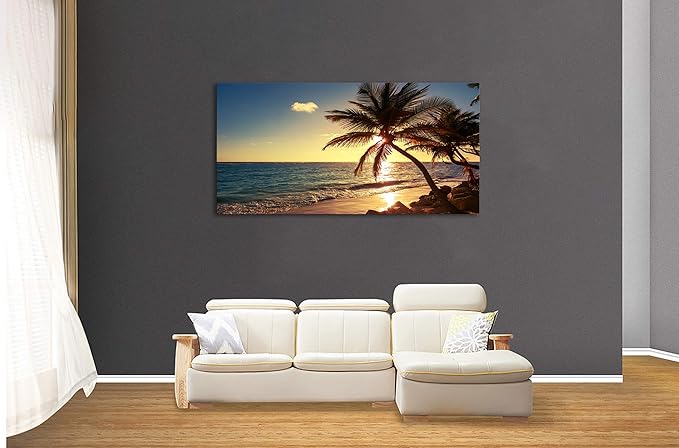 Muolunna S04975 Wall Art Decor Large Canvas Print Picture Sunset Ocean Beach Waves 1 Panel Coconut tree Scenery Painting Artwork for Office Home Decoration Stretched and Framed Ready to Hang XLarge
