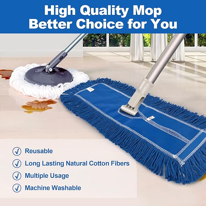 iDeaology 4 Pack - 24-Inch Washable Dust Mop Heads – Full Cloth, Extra Durable, Easy Button - No Clinging to Hair or Fur, Easy to Use Replacement for Commercial and Home Cleaning