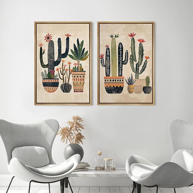 MUDECOR Framed Canvas Print Wall Art Set Mexican Cactus Tropical Botanical llustrations Modern Art Decorative Bohemian Calm/Zen for Living Room, Bedroom, Office - 16"x24"x2 Natural