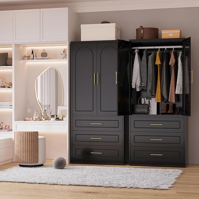 71" Tall Metal Armoire Wardrobe Closet witih Three Drawers, Large Wardrobe Cabinet with Hanging Rod, Clothing Storage Cabinet with Doors and Shelves for Bedroom, Black, Assemble Required
