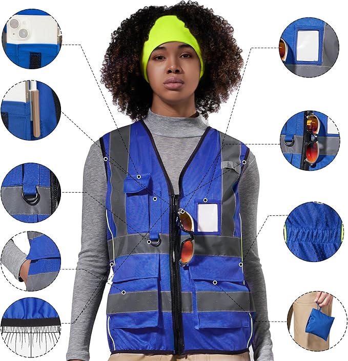 A-SAFETY High Vis Safety Vest for Women - Reflective Strips, Multi-Pockets, Zipper Closure