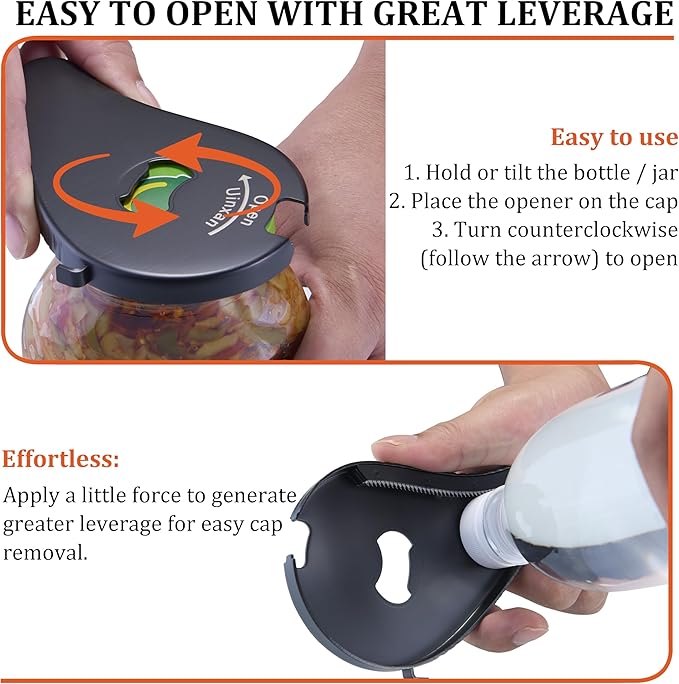 Jar Bottle Can Opener for Weak Hand & Seniors with Arthritis-Easy Twist Off Caps (0.6"-2.7") & Pull Tab Seals,Unique Kitchen Gadget,Multi,Portable Christmas Gifts for Elderly/Women/Men (Black)