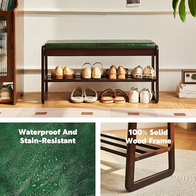 Solid Wood Shoe Bench, 2-Tier Wooden Storage Entryway Bench, Mid-Century Modern Shoe Bench Rack, End of Bed Bench with Faux Leather Cushion, Ottoman Bench for Hallway, Living Room (Walnut, 31.5'')