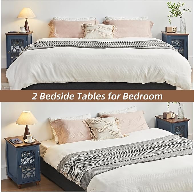 Narrow Side Table Set of 2 with Glass Door, 18 x 14'' Night Stand with Adjustable Shelf Storage Cabinet Organizer, Bedside End Tables Wood Nightstand for Small Spaces Living Room Bedroom