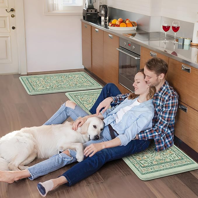 KIMODE Anti Fatigue Kitchen Mats for Floor 2 Piece, Boho Floral Kitchen Rugs Non Slip, Memory Foam Kitchen Floor Mats, Ergonomic Standing Mats for Sink Laundry Office Desk Green 20"x47"+20"x32"