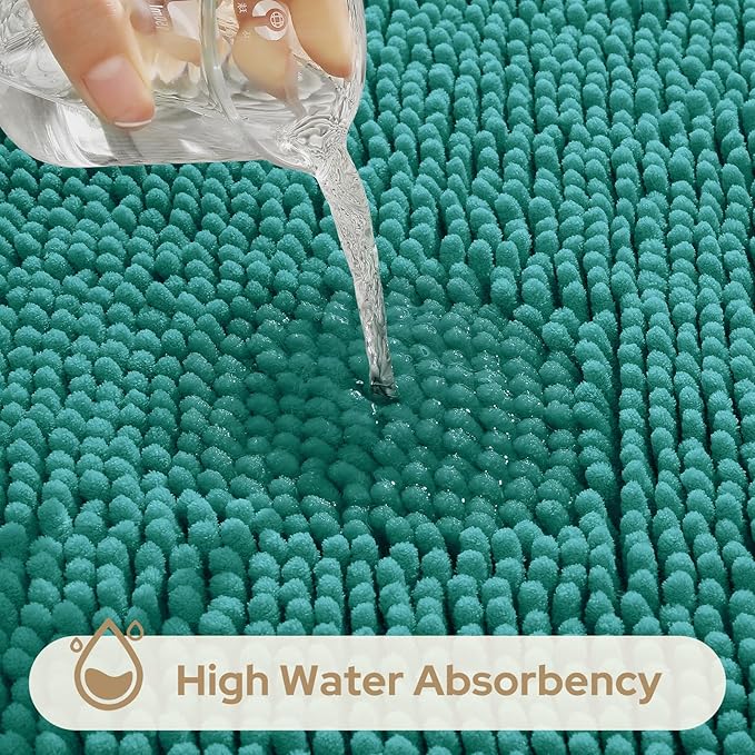 HOMEIDEAS 3 Pieces Bathroom Rugs, Ultra Soft Non Slip Absorbent Chenille Toilet Bath Mat Set (Teal)
