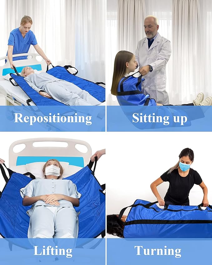 SPRING SEAON Patient Positioning Bed Pad with Handles – Transfer & Slide Sheet for Elderly Care, Waterproof Washable Draw Sheet for Hospital or Home Use, 46.5" x 38.5", 450 LBS Support,Blue