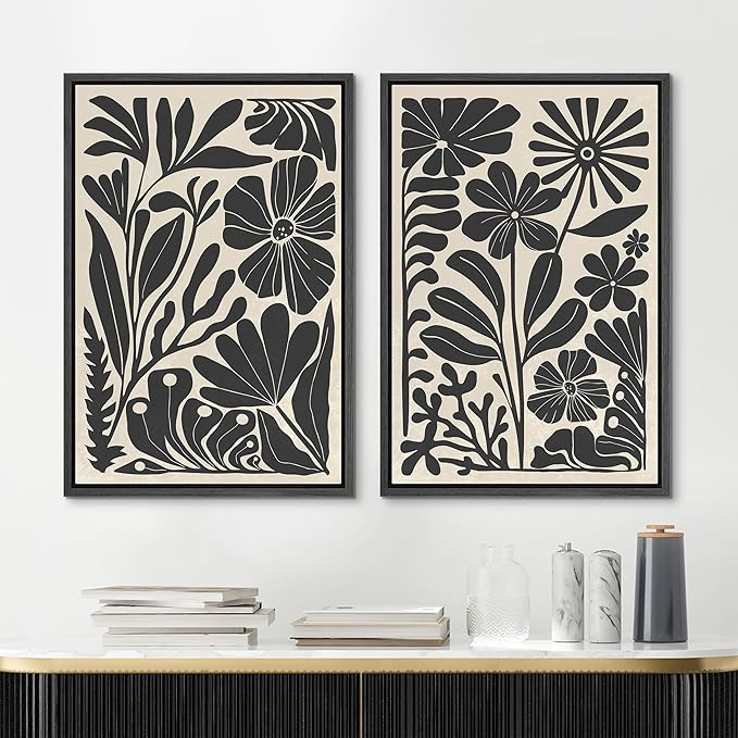 MUDECOR Framed Canvas Wall Art Abstract Floral Botanical Prints Minimalist Modern Art Boho Wall Decor for Bedroom - 16"x24"x2 Black