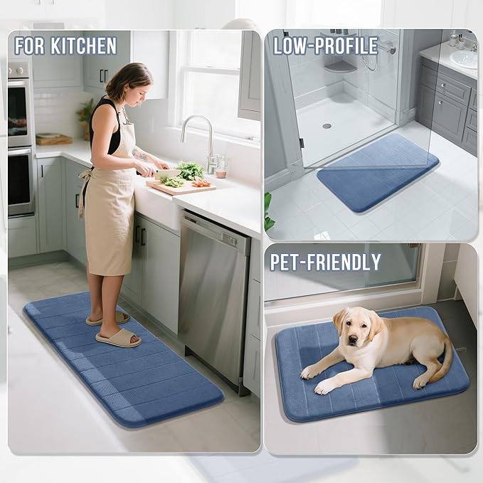 Yimobra Memory Foam Bath Mat, Super Soft Absorbent Bathroom Rug Non Slip 31.5x20 Inch, Quick Dry, Machine Washable Floor Carpet for Tub Shower, Home Decor Accessories, Denim Blue