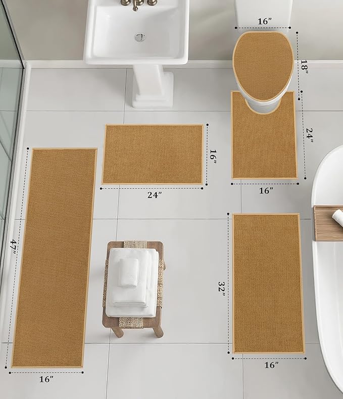 YIHOUSE Bathroom Rugs Mats Sets 5 Pieces, Ultra Thin Bath Mat Absorbent Non Slip Bath Rugs for Bathroom Washable, Shower, Sink, Laundry (Yellow, 5 Pieces)