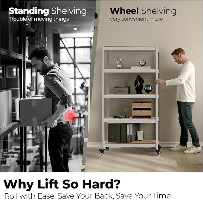 HOMEDANT House 5-Tier Metal Rolling Cart Shelf Rack Casters Heavy Duty Laminated Wheel Shelving Unit Adjustable Utility Storage Shelves Organizer Shelf Kitchen Garage (2, (M) 36.2" W, White)