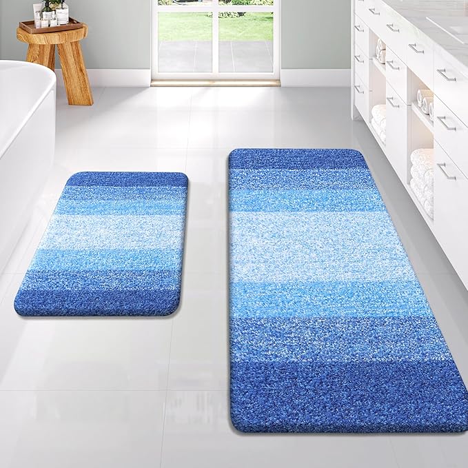 OLANLY Bathroom Rug Set 2 Piece, Soft Absorbent Microfiber Bath Rug Set, Non-Slip, Machine Wash Dry, Plush Shaggy Bath Mats for Bathroom (47"x20"+24"x16", Light Royal Blue)