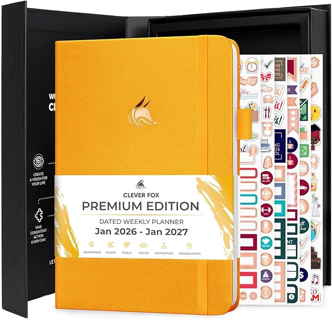Clever Fox Dated Planner Premium 2026 – Weekly Agenda for Planning & Time Management –Notebook with Habit Tracker & To-do List (Amber Yellow)