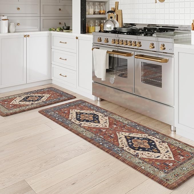 KIMODE Anti Fatigue Kitchen Mats for Floor, Red Boho Distressed Kitchen Rugs Sets of 2, Non Slip Waterproof Kitchen Floor Mats, Comfort Mats for Kitchen Floor Sink Laundry Desk 20"x59"+20"x32"