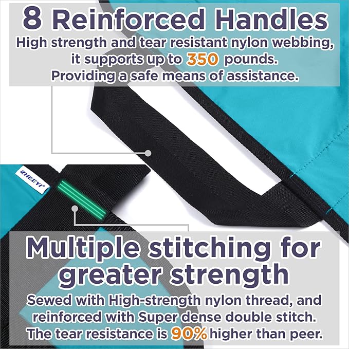 Positioning Bed Pad with Reinforced Handles 43" x 36" Patient Transfer Sheet Aid Assistant for Body Lifting, Turning, Repositioning, for Elderly, Incontinence, Caregiver, Peacock Blue