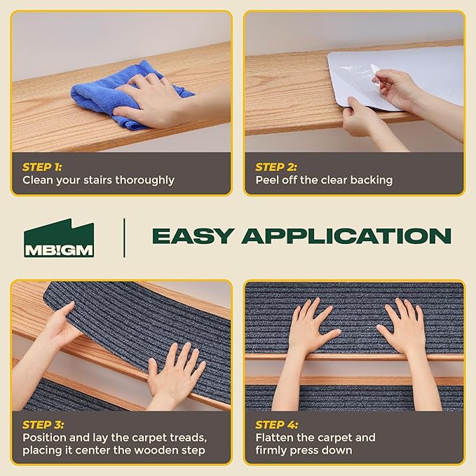 MBIGM 8" X 30" (15 in Pack) Non-Slip Carpet Stair Treads Non-Skid Safety Rug Slip Resistant Indoor Runner for Kids Elders & Pets with Reusable Adhesive - Gray - Carpet Pads for Stairs