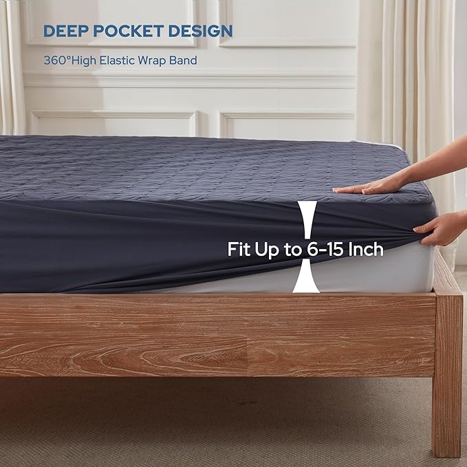 BEDLORE 2 Pack Waterproof Mattress Protector, Full Size Mattress Pad with Deep Pocket 6"-15" Depth, Soft Breathable Bed Mattress Cover for Bedroom, College Dorm (Navy Blue)