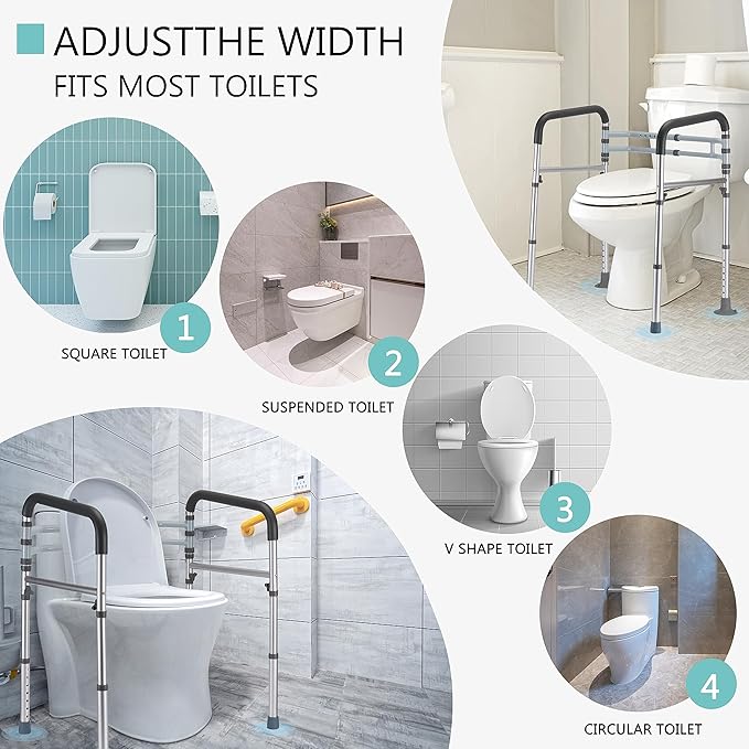 Toilet Safety Rails, Adjustable Toilet Frame for Elderly, Seniors, Handicap & Disabled, Foldable Handicap Toilet Handles Fit Any Toilets (300 LB)