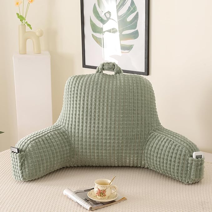 Reading Pillow for Sitting in Bed, Large Backrest Reading Pillow with Arm Rest,Back-Rest Support Cushion for Sit Up on Couch, Sofa, and Floor, Dorm Essentials (Green Flannel, Large(19"))