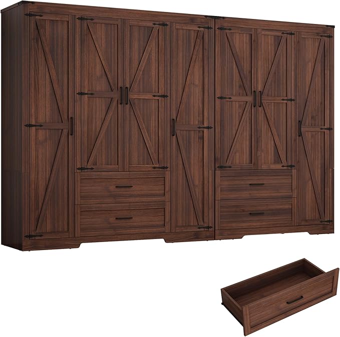 7 Doors Wardrobe Armoire Closet with Doors and Drawers, Farmhouse Wooden Armoire Storage Cabinet with Shelves & Hanging Rod for Bedroom, Brown