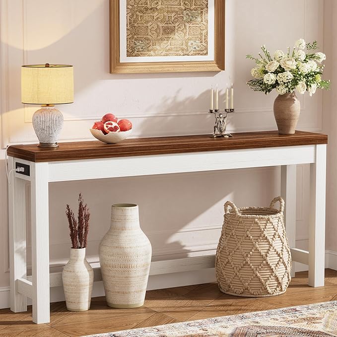 Cyclysio 63" Console Tables for Entryway, Long Console Tables for Living Room, Behind Couch Table, Sturdy Wood Support Farmhouse Entryway Table with 3AC+2USB Charging‌ Station, Rustic Oak