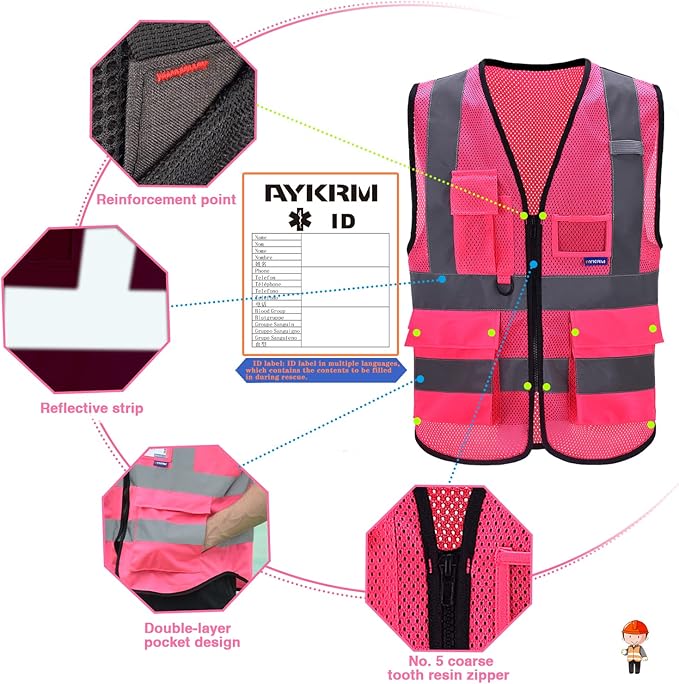 A-SAFETY XSmall Pink High Visibility Mesh Safety Reflective Vest with Pockets and Zipper XS Hi Viz Work Vest for Men Women (Pink Mesh XS)