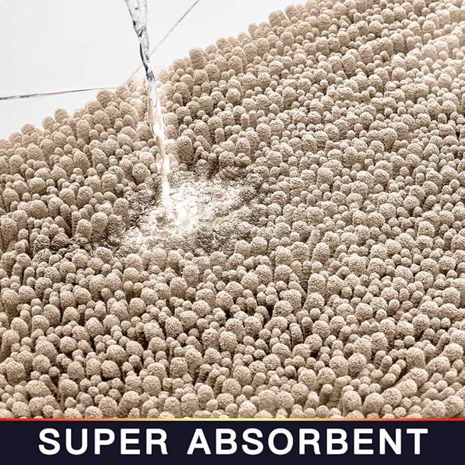 Walensee Large Bathroom Rug Non Slip Bath Mat (72x24 Inch Beige) Water Absorbent Super Soft Shaggy Chenille Machine Washable Dry Extra Thick Perfect Absorbant Best Plush Carpet for Shower Floor