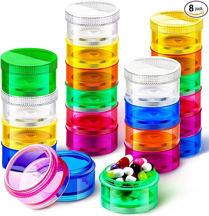 Sieral 7 Days Stackable Pill Organizers 7 Compartments Round Pill Boxes Tower Weekly Vitamin Individual Storage Containers Travel Cases with Lids for Medications, Vitamins and Supplements(8 Sets)