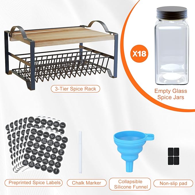 3 Tier Spice Rack Organizer with Bamboo Top Tablet Holder, 18 Spice Jars, 422 Spice Labels, and Funnel Set for Kitchen, Cabinet, Countertop, Pantry, Cupboard. Seasoning Organizer Black