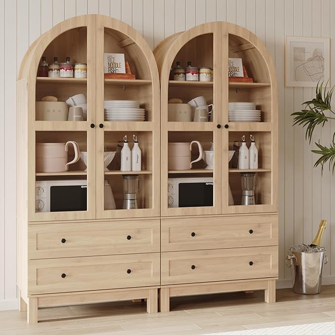 71" Tall Arched Kitchen Pantry, Kitchens Pantry Storage Cabinet with 2 Large Drawers and Adjustable Shelves, Modern Farmhouse Versatile Cupboard for Kitchen, Dining Room, Bathroom, Natrual