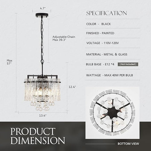 13.4" Small 4-Light Modern Glass Chandelier Light Fixtures Mini Black 2-Tier Crystal Chandeliers for Dining Room Round Hanging Ceiling Pendant Lighting for Kitchen Island Entryway Hallway