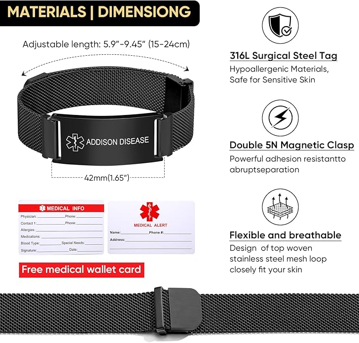 VNOX Medical Alert Id Bracelet for Men Women, Custom Engraving Adjustable Stainless Steel Customizable Mesh Emergency Survival Medic Bracelets Wristband Loop Band with Replacement Tag