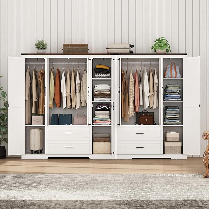 7 Doors Wardrobe Armoire Closet with Doors and Drawers, Farmhouse Wooden Armoire Storage Cabinet with Shelves & Hanging Rod for Bedroom, White