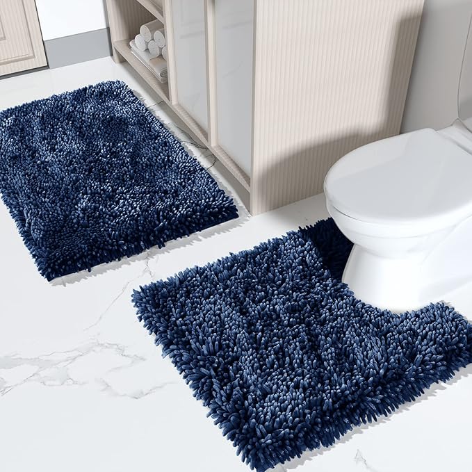 Yimobra Bathroom Rugs Sets 2 Piece, Soft Absorbent Bath Mat and U-Shaped Toilet Rug with Non Slip Backing, Luxury Shaggy Bath Mats for Bathroom, Machine Washable, 24"x17"+24"x20", Blue