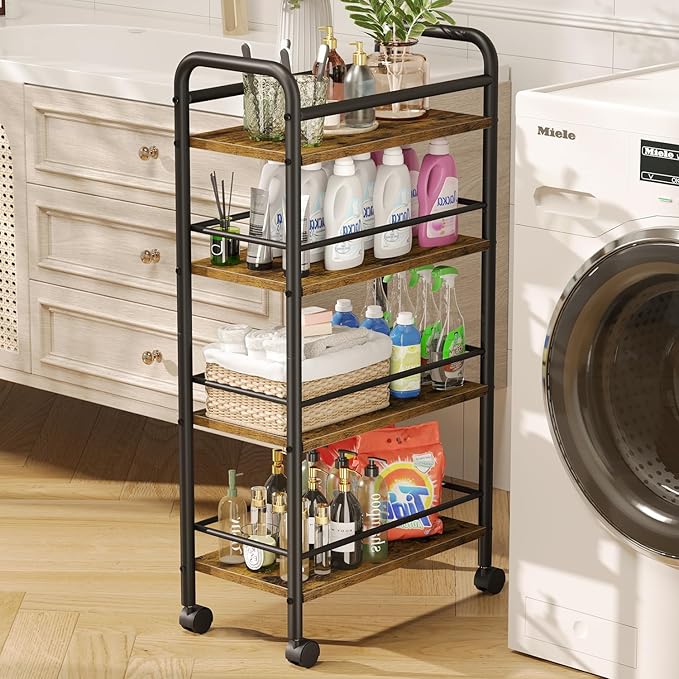 Slim Rolling Cart, 4-Tier Narrow Storage Cart with Handle, 9.1 Inches Deep, Bathroom Shelf for Small Spaces, Kitchen, Dining Room, Living Room, Laundry Room, Rustic Brown