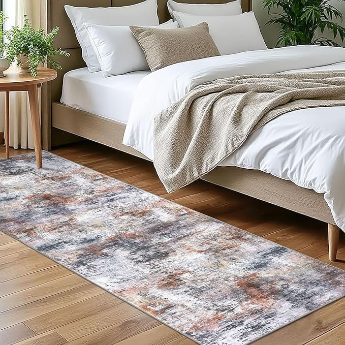 Modern Abstract Runner Rug for Bedroom 2x7, Grey Orange Multi Washable Kitchen Runner, Non-Slip Soft Thin Faux Wool Mat for Entryway, Hallway, Laundry Room Indoor