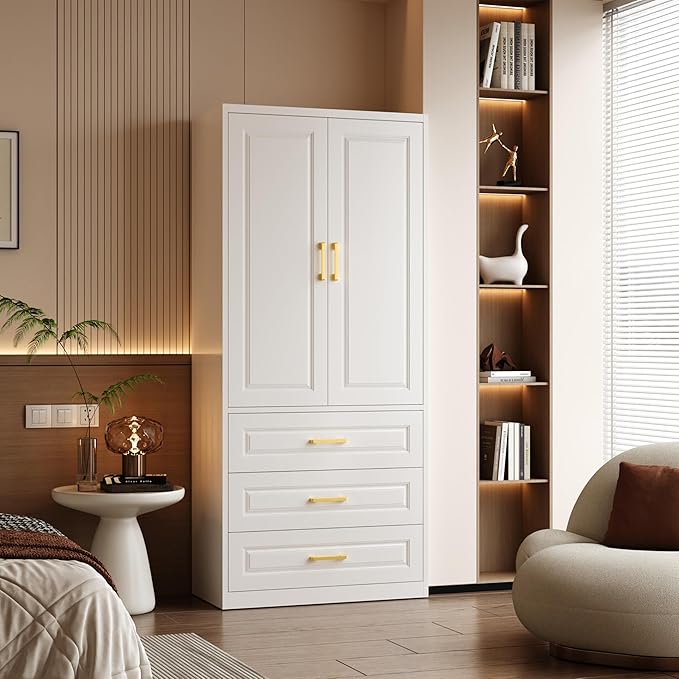 Metal Armoire Wardrobe Closet with Three Drawers, 71“ Tall Large Wardrobe Cabinet with Hanging Rod, Freestanding Wardrobe Cabinet with Doors and Shelves for Bedroom, White, Assemble Required
