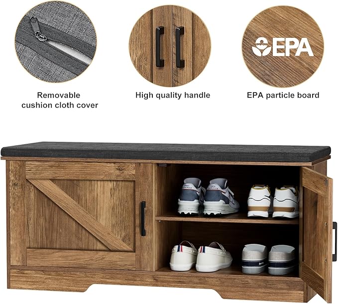 2-Tier Storage Bench, 39.4" Wide Shoe Bench with Padded Seat Cushion, Entryway Bench with 2 Barn Doors and Adjustable Shelf, Rustic Walnut