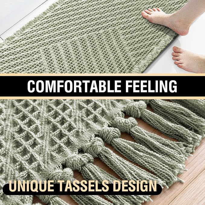 H.VERSAILTEX Waffle Bath Mat Super Absorbent Boho Bath Mat Non Slip Bath Rugs for Bathroom Floor Machine Washable Dry Fast Bathroom Rugs with Handmade Tassels, 17" x 24", Sage