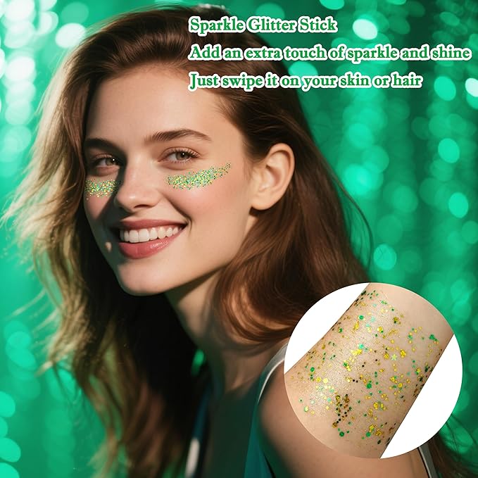 MEICOLY Gold and Green Face Glitter Stick,Hair Glitter Stick for Women,Green and Gold Spirit Wear Alien Makeup Accessories,Sparkle Body Glitter Makeup for Mardi Gras Carnival Festival Party