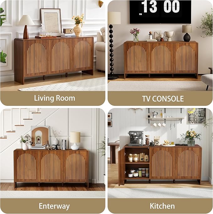 59" Sideboard Buffet Cabinet with Storage, Wood Arched TV Console Storage Cabinet with 3 Doors and Adjustable Shelf, Large Curved Accent Cabinet for Living Room Hallway Kitchen Dining Room, Walnut