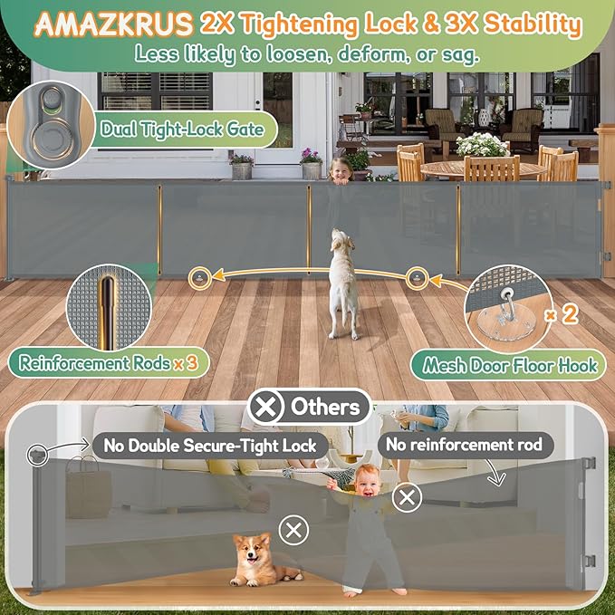 200'' Retractable Baby Gates Extra Wide,34" Tall Retractable Dog Gate for Doorways, Stairs, Hallways, Decks, Garage,16 FT Indoor/Outdoor Grey Retractable Gate with Fiberglass Reinforcement Rods