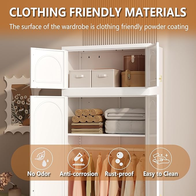 Armoire Wardrobe Closet with Hanging Rod, 86 Inch Tall Metal Wardrobe Cabinet, Metal Armoire with Doors, Large Freestanding Wardrobes for Bedroom, 18"D x 32"W x 86"H, White, Assemble Required