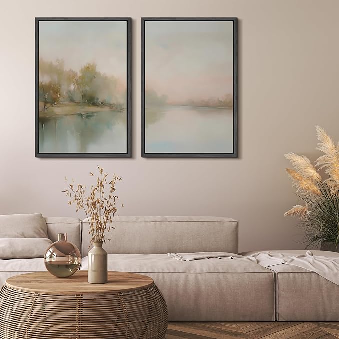 MUDECOR Framed Canvas Print Wall Art Tranquil Reflection Serene River Landscape Illustrations Modern Art Decorative Bohemian Chic for Living Room, Bedroom, Office - 24"x36"x2 Black