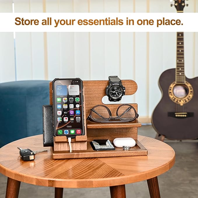 TESLYAR Wood Phone Docking Station for Men - Desktop or Nightstand Organizer - Birthday Gifts for Men, Dad - Anniversary Idea from Wife - Key Holder, Stand Wallet, Watch & Essentials (Earth Beige)