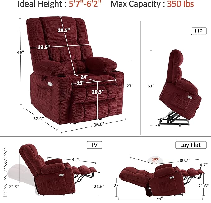 MCombo Dual Motor Large Power Lift Recliner Chair for Elderly, Lay Flat Lift Chair with Heat and Massage, Big Lift Recliner for Tall People, Cup Holders, Fabric 7896 (Large, Burgundy)